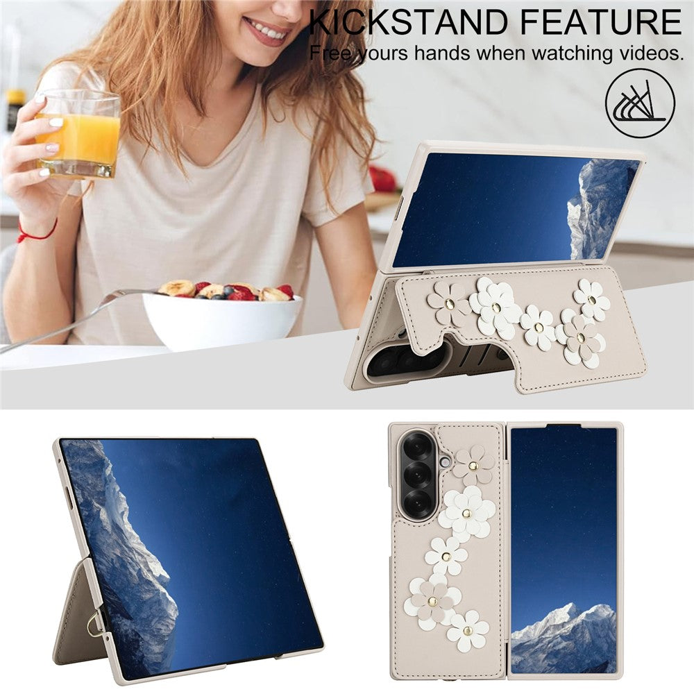 For Samsung Galaxy Z Fold7 5G Case Card Slots Leather Coated TPU Flower Phone Cover with 2 Straps - Beige