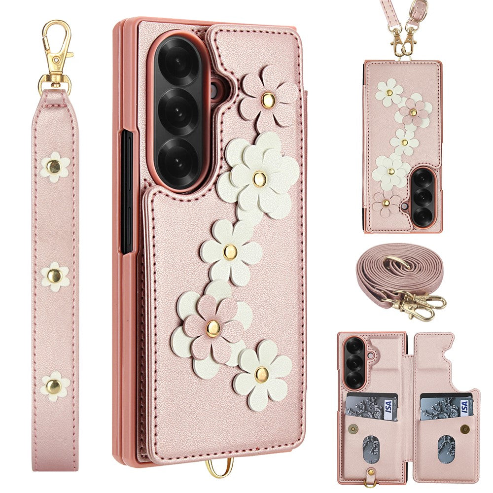 For Samsung Galaxy Z Fold7 5G Case Card Slots Leather Coated TPU Flower Phone Cover with 2 Straps - Pink