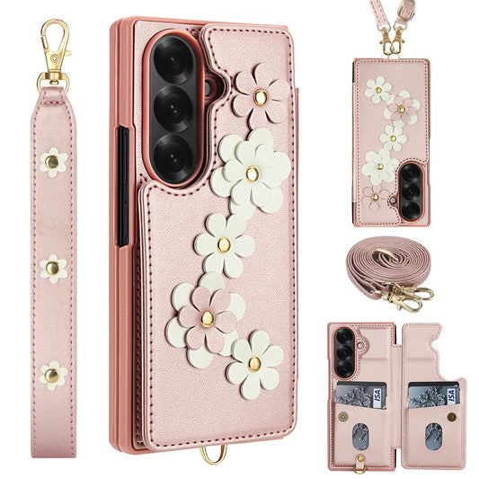 For Samsung Galaxy Z Fold7 5G Case Card Slots Leather Coated TPU Flower Phone Cover with 2 Straps - Pink