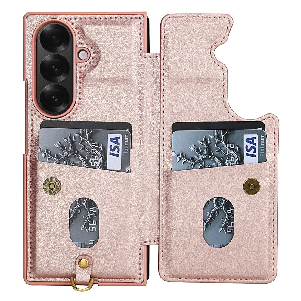For Samsung Galaxy Z Fold7 5G Case Card Slots Leather Coated TPU Flower Phone Cover with 2 Straps - Pink