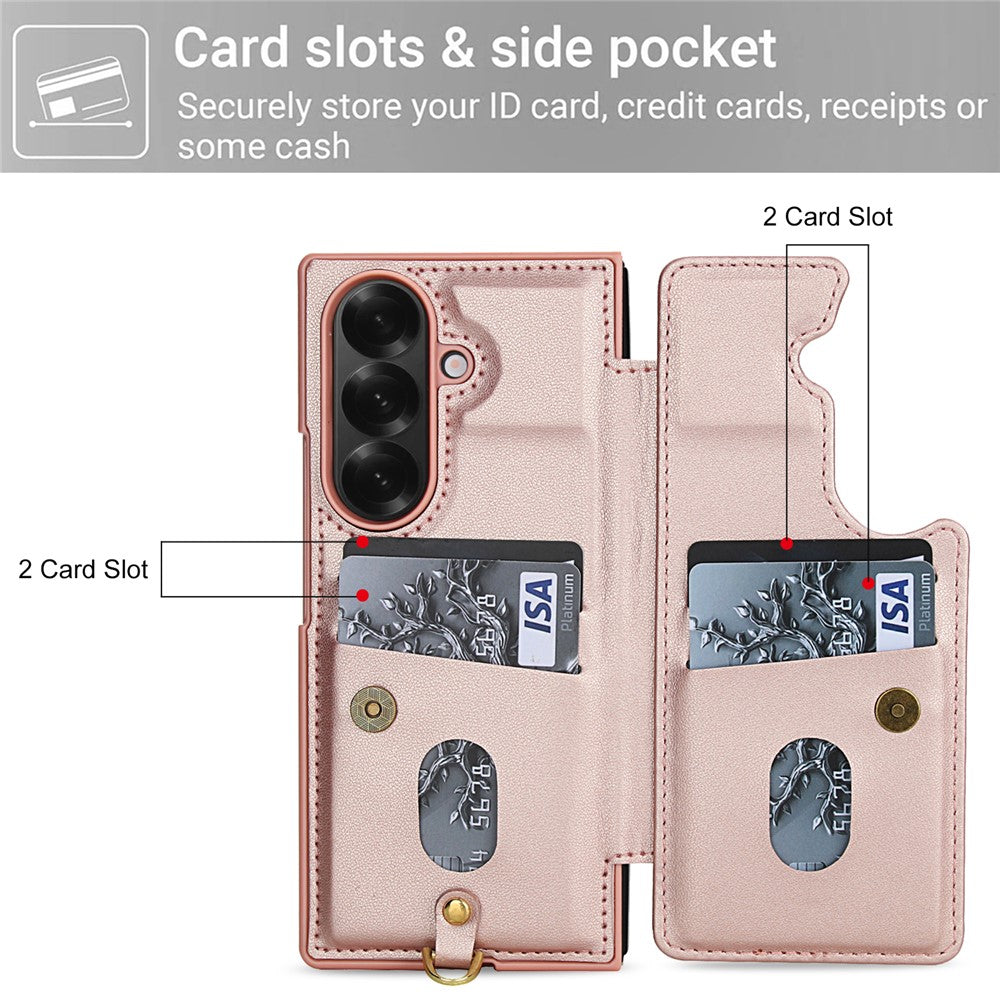 For Samsung Galaxy Z Fold7 5G Case Card Slots Leather Coated TPU Flower Phone Cover with 2 Straps - Pink