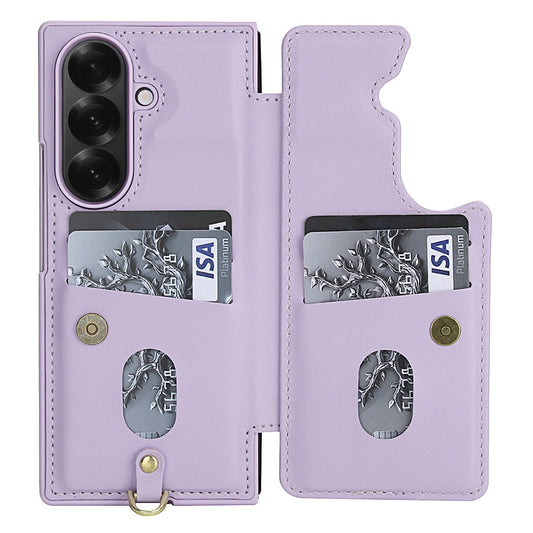 For Samsung Galaxy Z Fold7 5G Case Card Slots Leather Coated TPU Flower Phone Cover with 2 Straps - Purple
