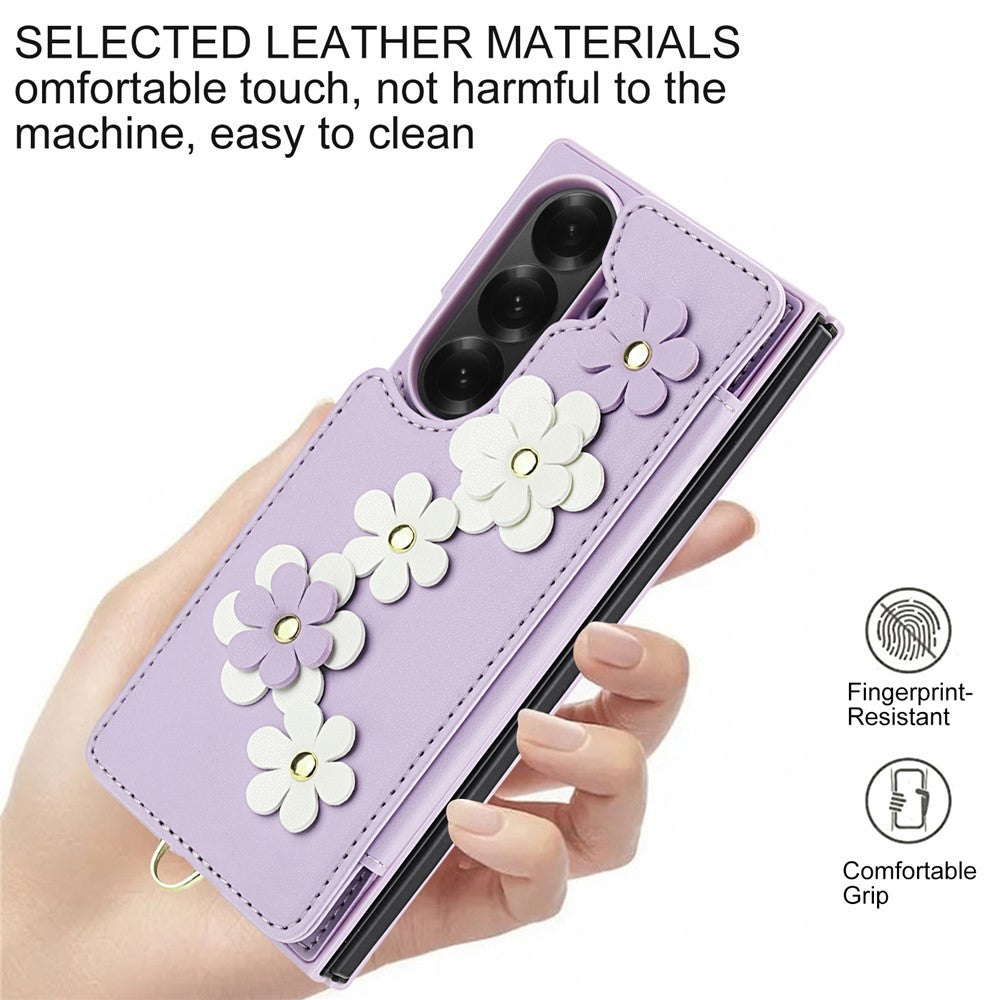 For Samsung Galaxy Z Fold7 5G Case Card Slots Leather Coated TPU Flower Phone Cover with 2 Straps - Purple