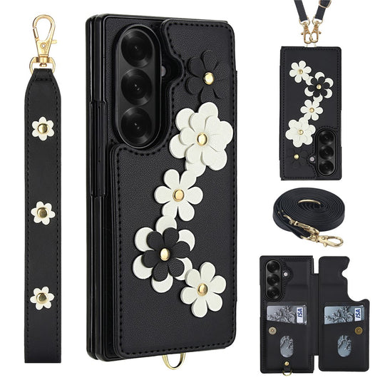 For Samsung Galaxy Z Fold7 5G Case Card Slots Leather Coated TPU Flower Phone Cover with 2 Straps - Black