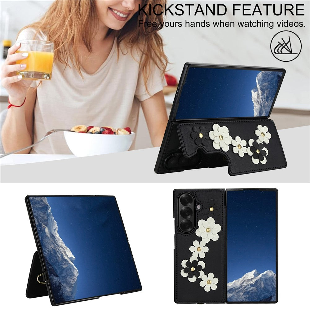For Samsung Galaxy Z Fold7 5G Case Card Slots Leather Coated TPU Flower Phone Cover with 2 Straps - Black