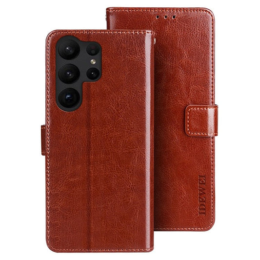 IDEWEI For Samsung Galaxy S23 Ultra Anti-dust PU Leather Foldable Stand Wallet Crazy Horse Texture Shockproof Case Flip Phone Cover - Brown