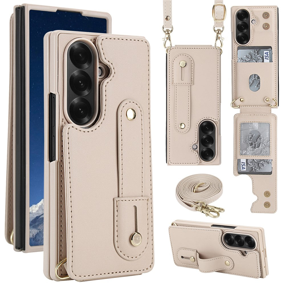 For Samsung Galaxy Z Fold7 5G Case Kickstand Card Slots Leather Coated TPU Cover with Shoulder Strap - Beige