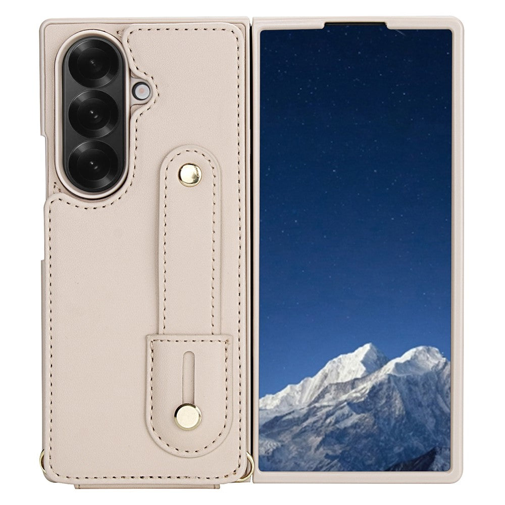 For Samsung Galaxy Z Fold7 5G Case Kickstand Card Slots Leather Coated TPU Cover with Shoulder Strap - Beige