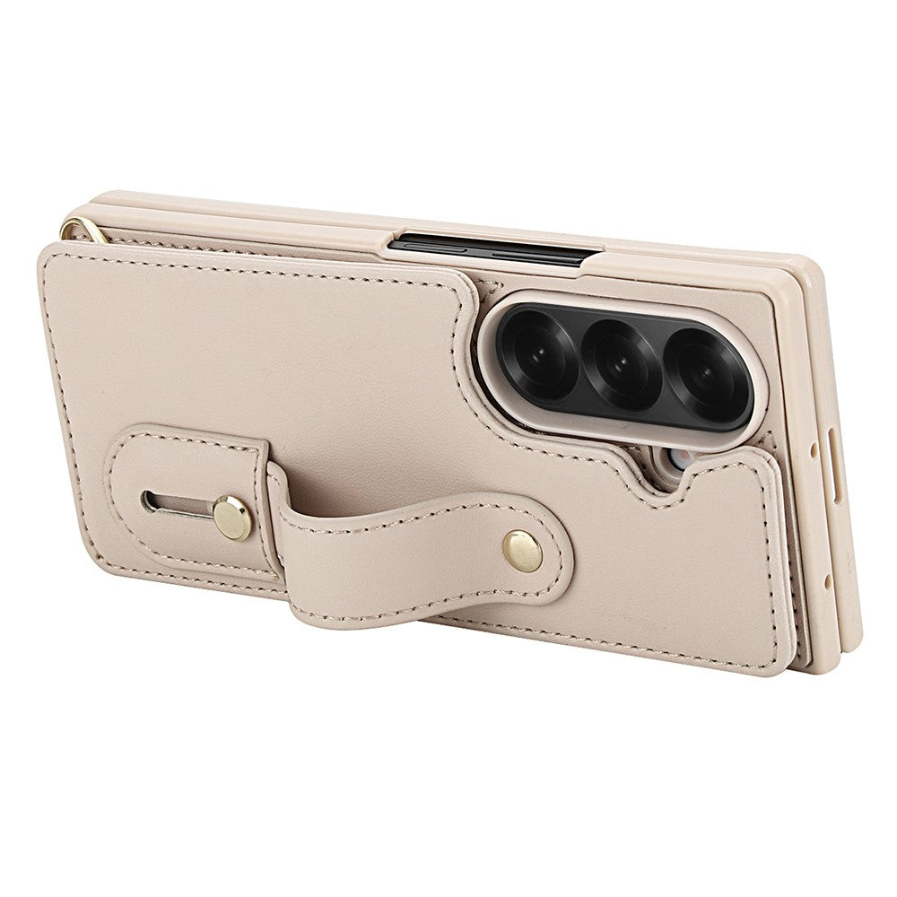 For Samsung Galaxy Z Fold7 5G Case Kickstand Card Slots Leather Coated TPU Cover with Shoulder Strap - Beige