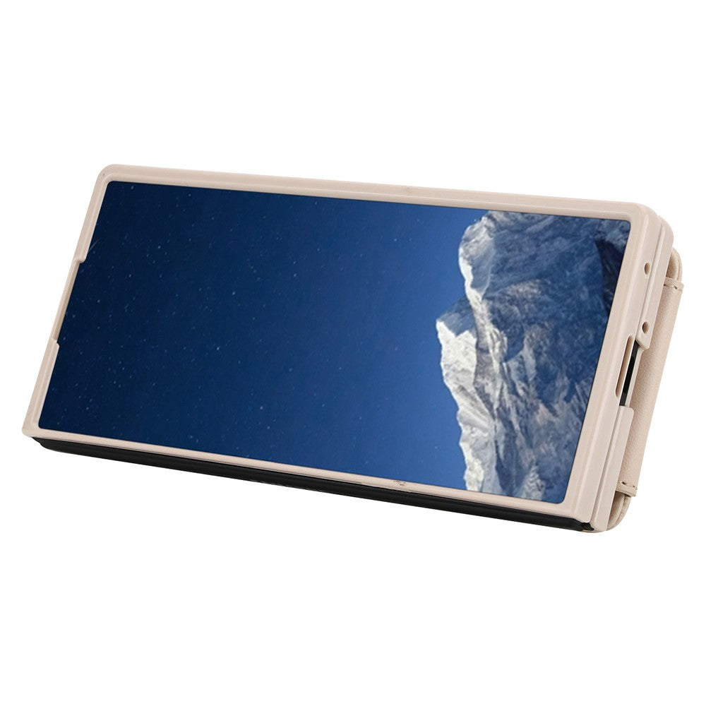 For Samsung Galaxy Z Fold7 5G Case Kickstand Card Slots Leather Coated TPU Cover with Shoulder Strap - Beige