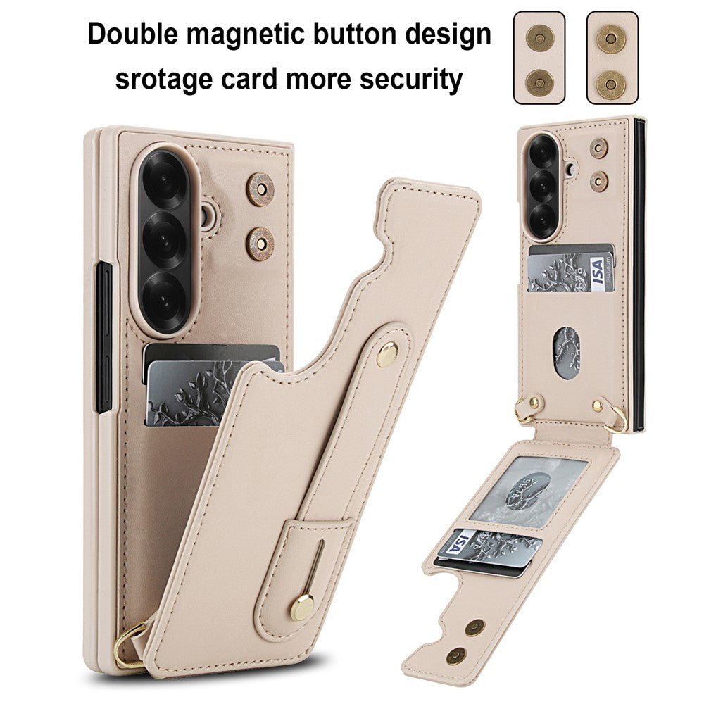 For Samsung Galaxy Z Fold7 5G Case Kickstand Card Slots Leather Coated TPU Cover with Shoulder Strap - Beige