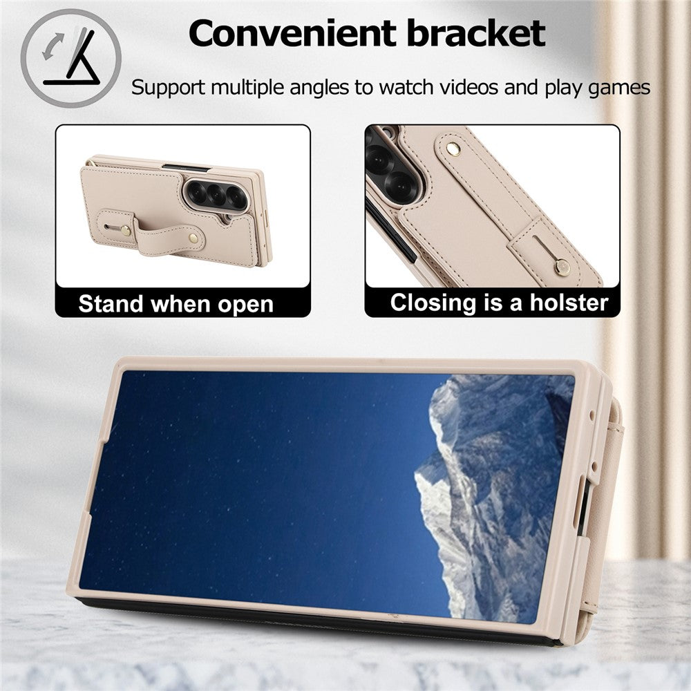 For Samsung Galaxy Z Fold7 5G Case Kickstand Card Slots Leather Coated TPU Cover with Shoulder Strap - Beige