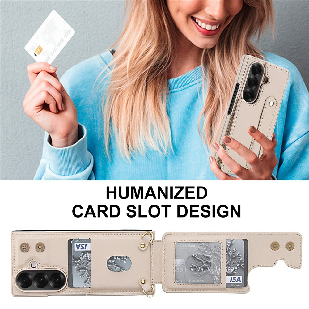 For Samsung Galaxy Z Fold7 5G Case Kickstand Card Slots Leather Coated TPU Cover with Shoulder Strap - Beige