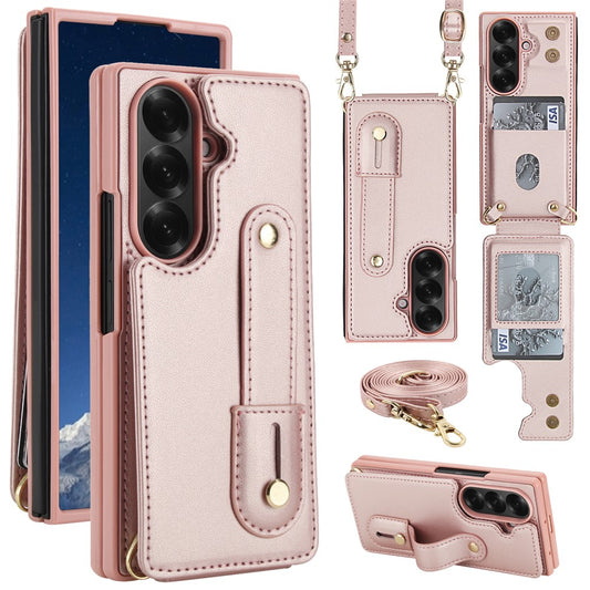 For Samsung Galaxy Z Fold7 5G Case Kickstand Card Slots Leather Coated TPU Cover with Shoulder Strap - Rose Gold