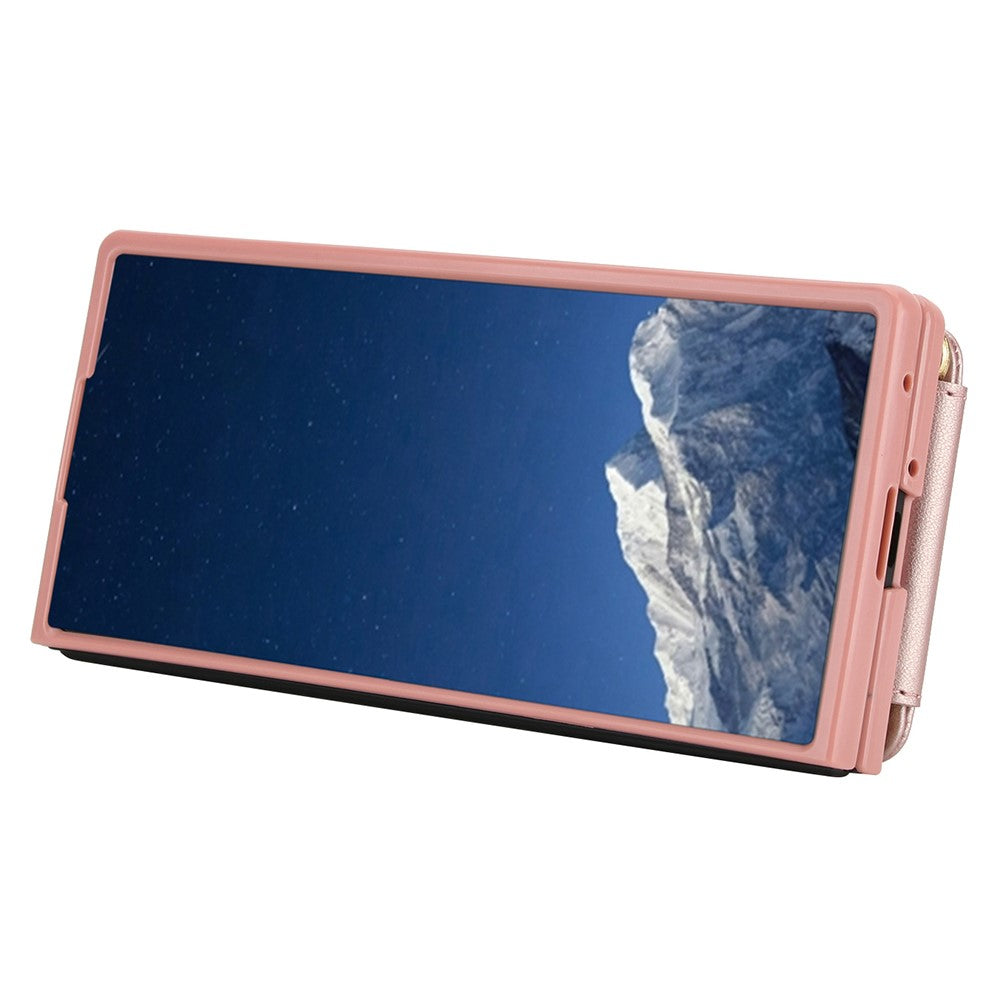 For Samsung Galaxy Z Fold7 5G Case Kickstand Card Slots Leather Coated TPU Cover with Shoulder Strap - Rose Gold