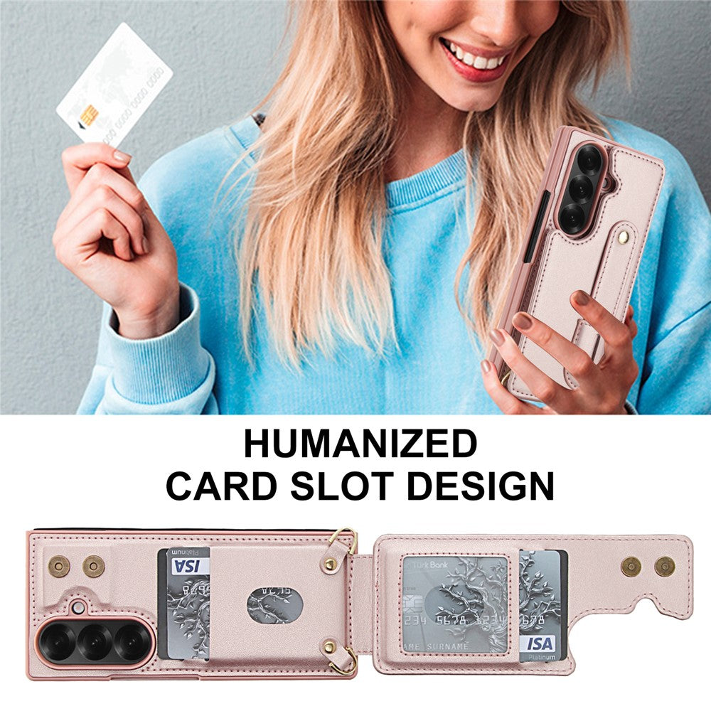 For Samsung Galaxy Z Fold7 5G Case Kickstand Card Slots Leather Coated TPU Cover with Shoulder Strap - Rose Gold