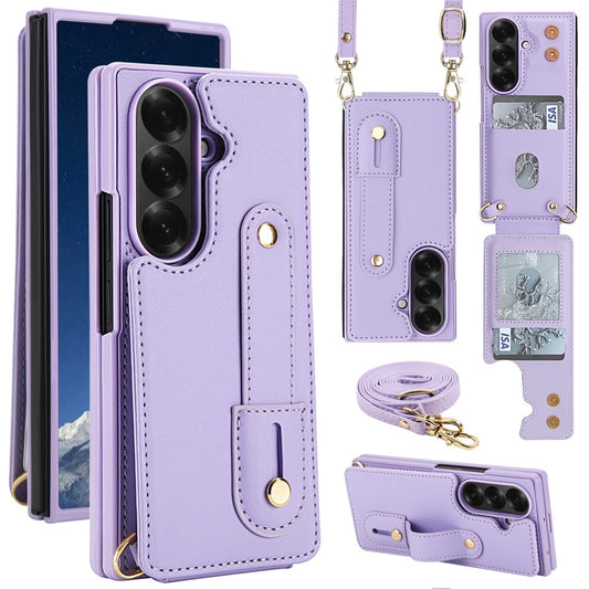 For Samsung Galaxy Z Fold7 5G Case Kickstand Card Slots Leather Coated TPU Cover with Shoulder Strap - Purple