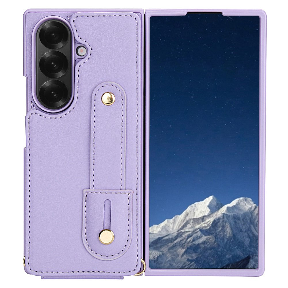 For Samsung Galaxy Z Fold7 5G Case Kickstand Card Slots Leather Coated TPU Cover with Shoulder Strap - Purple