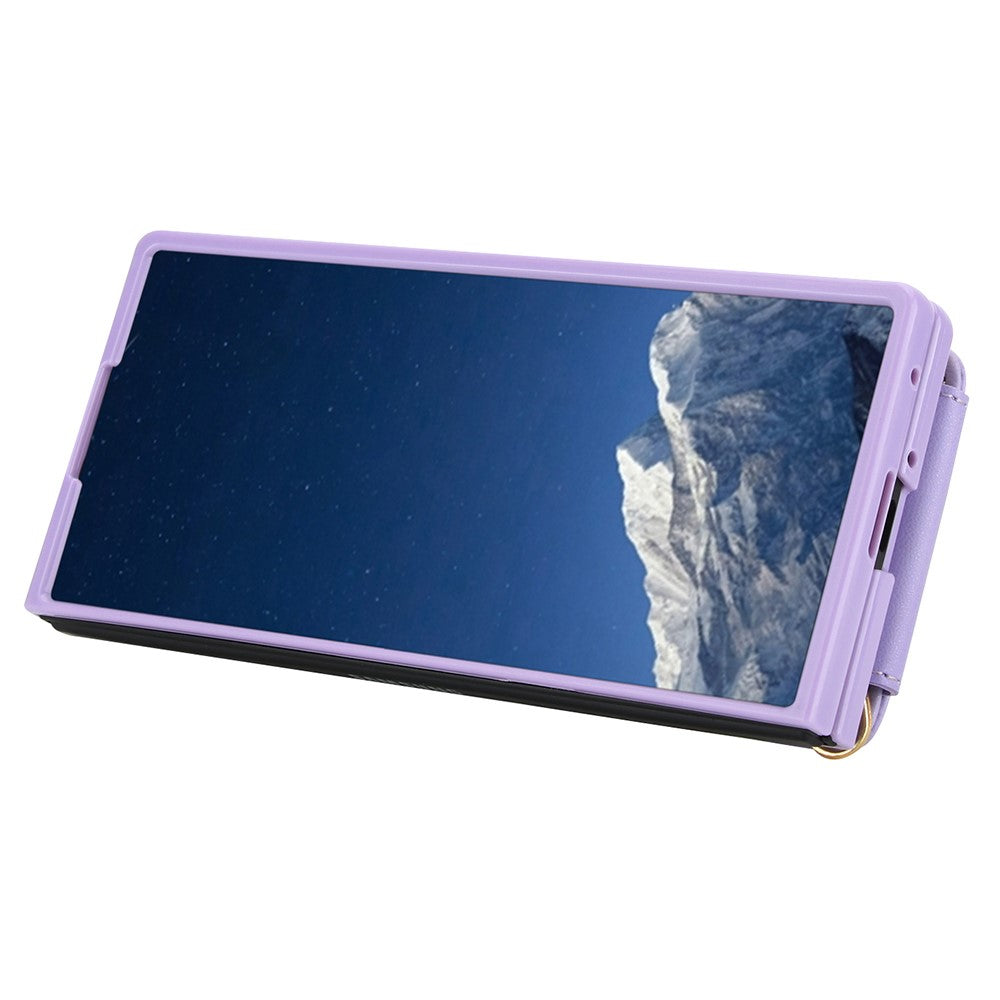 For Samsung Galaxy Z Fold7 5G Case Kickstand Card Slots Leather Coated TPU Cover with Shoulder Strap - Purple