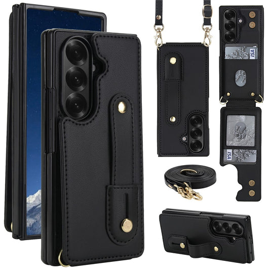 For Samsung Galaxy Z Fold7 5G Case Kickstand Card Slots Leather Coated TPU Cover with Shoulder Strap - Black