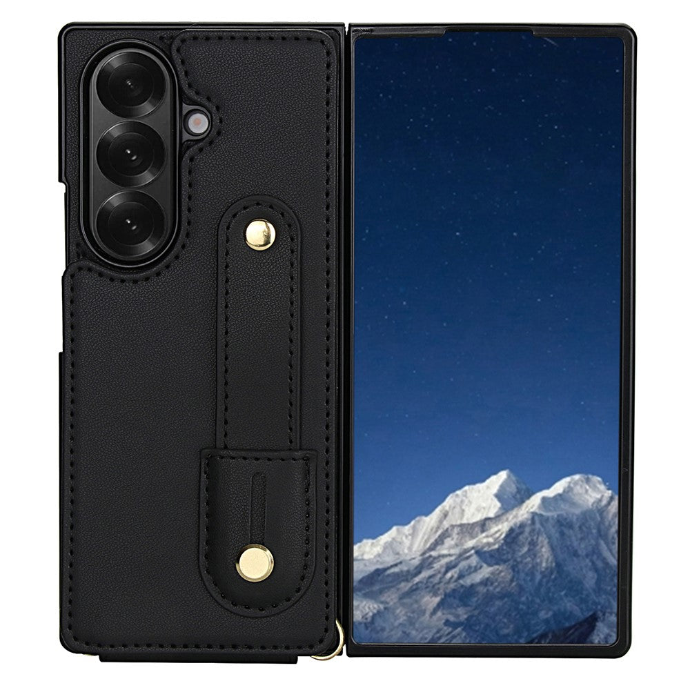 For Samsung Galaxy Z Fold7 5G Case Kickstand Card Slots Leather Coated TPU Cover with Shoulder Strap - Black