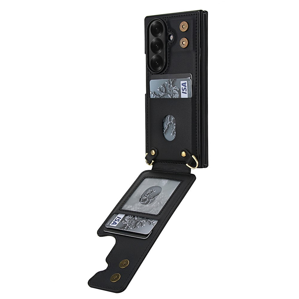 For Samsung Galaxy Z Fold7 5G Case Kickstand Card Slots Leather Coated TPU Cover with Shoulder Strap - Black