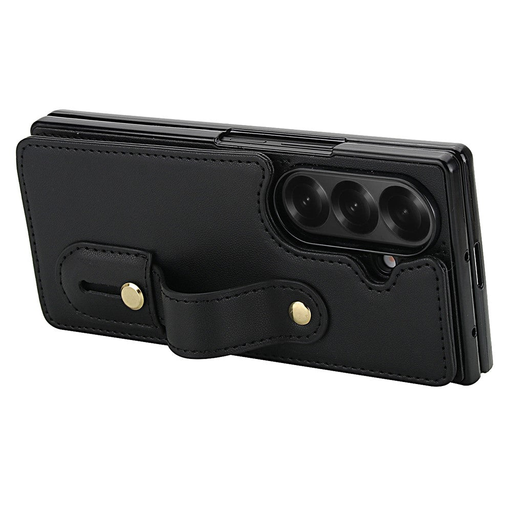 For Samsung Galaxy Z Fold7 5G Case Kickstand Card Slots Leather Coated TPU Cover with Shoulder Strap - Black