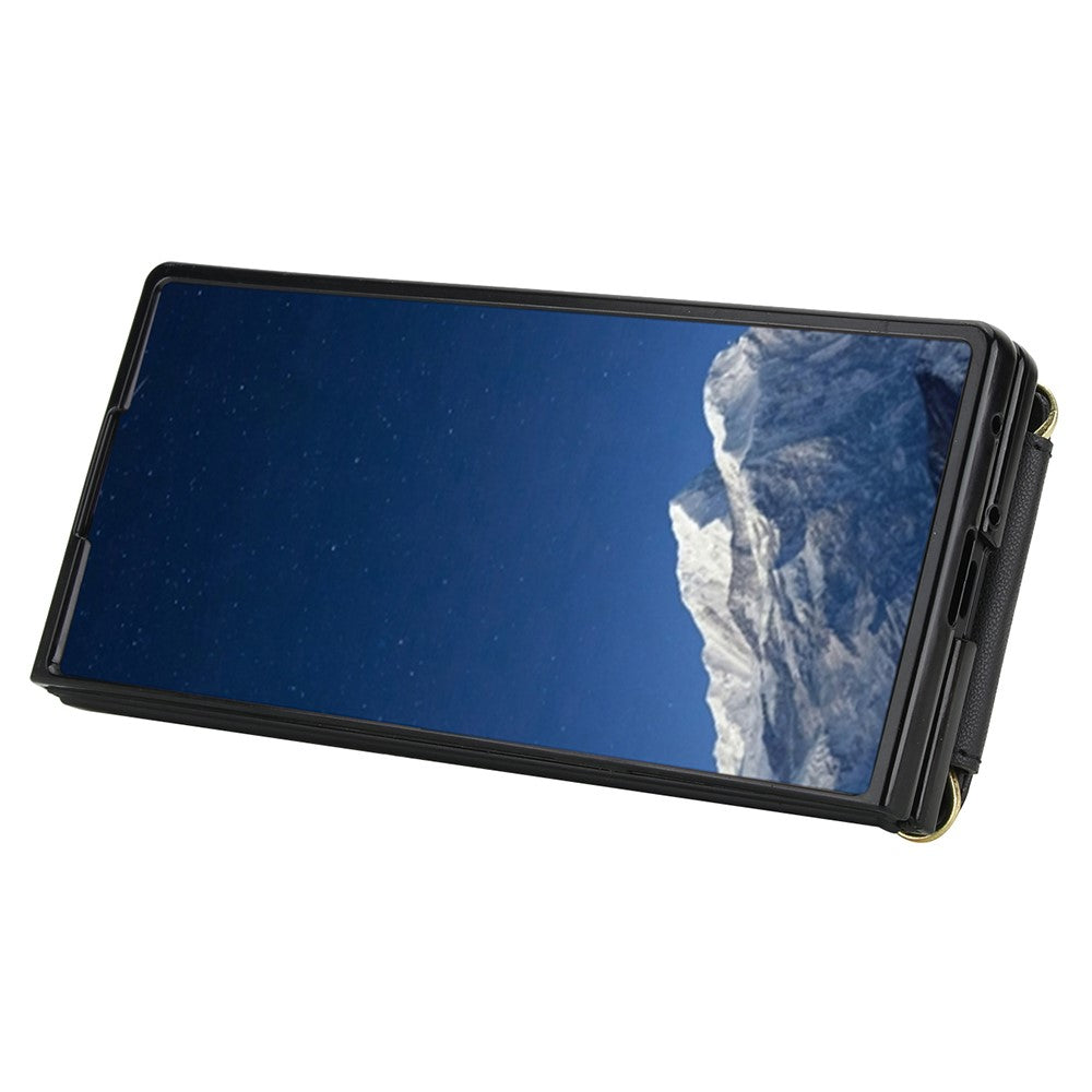 For Samsung Galaxy Z Fold7 5G Case Kickstand Card Slots Leather Coated TPU Cover with Shoulder Strap - Black