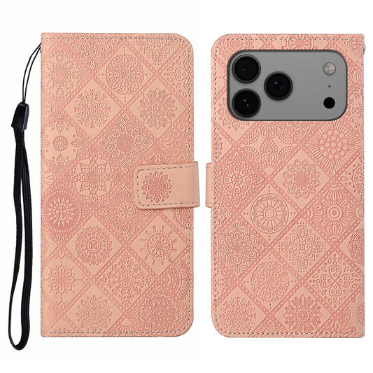 For iPhone 17 Pro Max Case Leather Case Ethnic Style Wallet Phone Cover with Strap - Pink