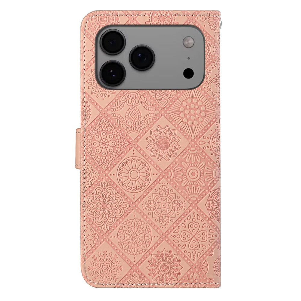 For iPhone 17 Pro Max Case Leather Case Ethnic Style Wallet Phone Cover with Strap - Pink