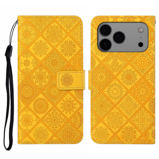 For iPhone 17 Pro Max Case Leather Case Ethnic Style Wallet Phone Cover with Strap - Yellow