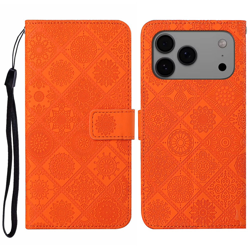 For iPhone 17 Pro Max Case Leather Case Ethnic Style Wallet Phone Cover with Strap - Orange