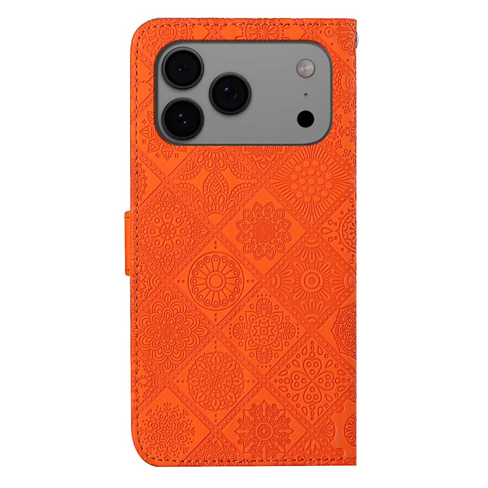 For iPhone 17 Pro Max Case Leather Case Ethnic Style Wallet Phone Cover with Strap - Orange