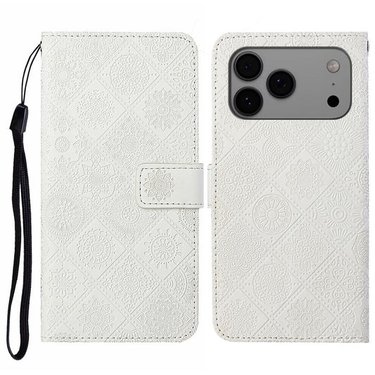For iPhone 17 Pro Max Case Leather Case Ethnic Style Wallet Phone Cover with Strap - White