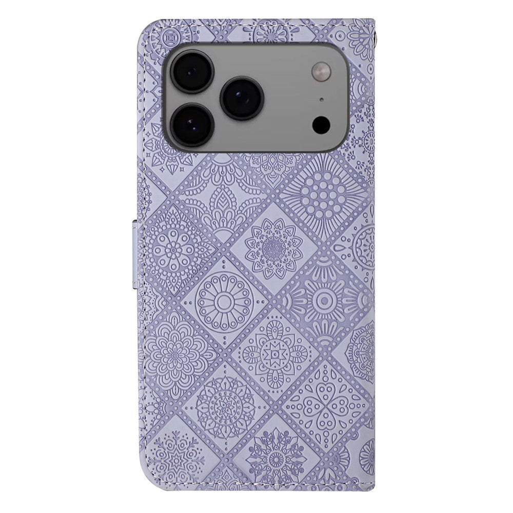 For iPhone 17 Pro Max Case Leather Case Ethnic Style Wallet Phone Cover with Strap - Purple