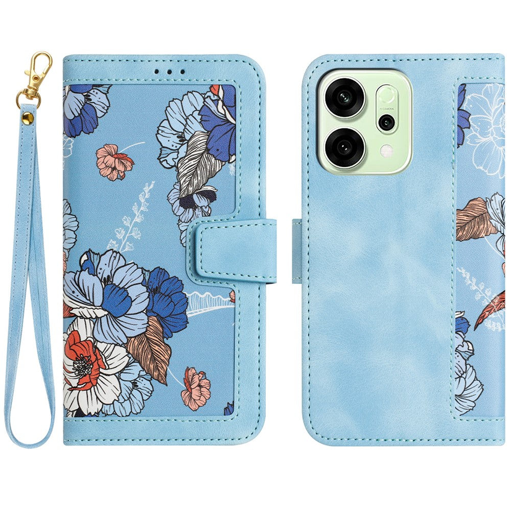 For Oppo Reno14 Pro 5G (Global) / Reno13 Pro 5G Case PU Leather Floral Phone Cover with Card Slots / Wrist Strap - Baby Blue