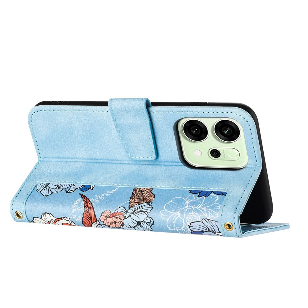 For Oppo Reno14 Pro 5G (Global) / Reno13 Pro 5G Case PU Leather Floral Phone Cover with Card Slots / Wrist Strap - Baby Blue