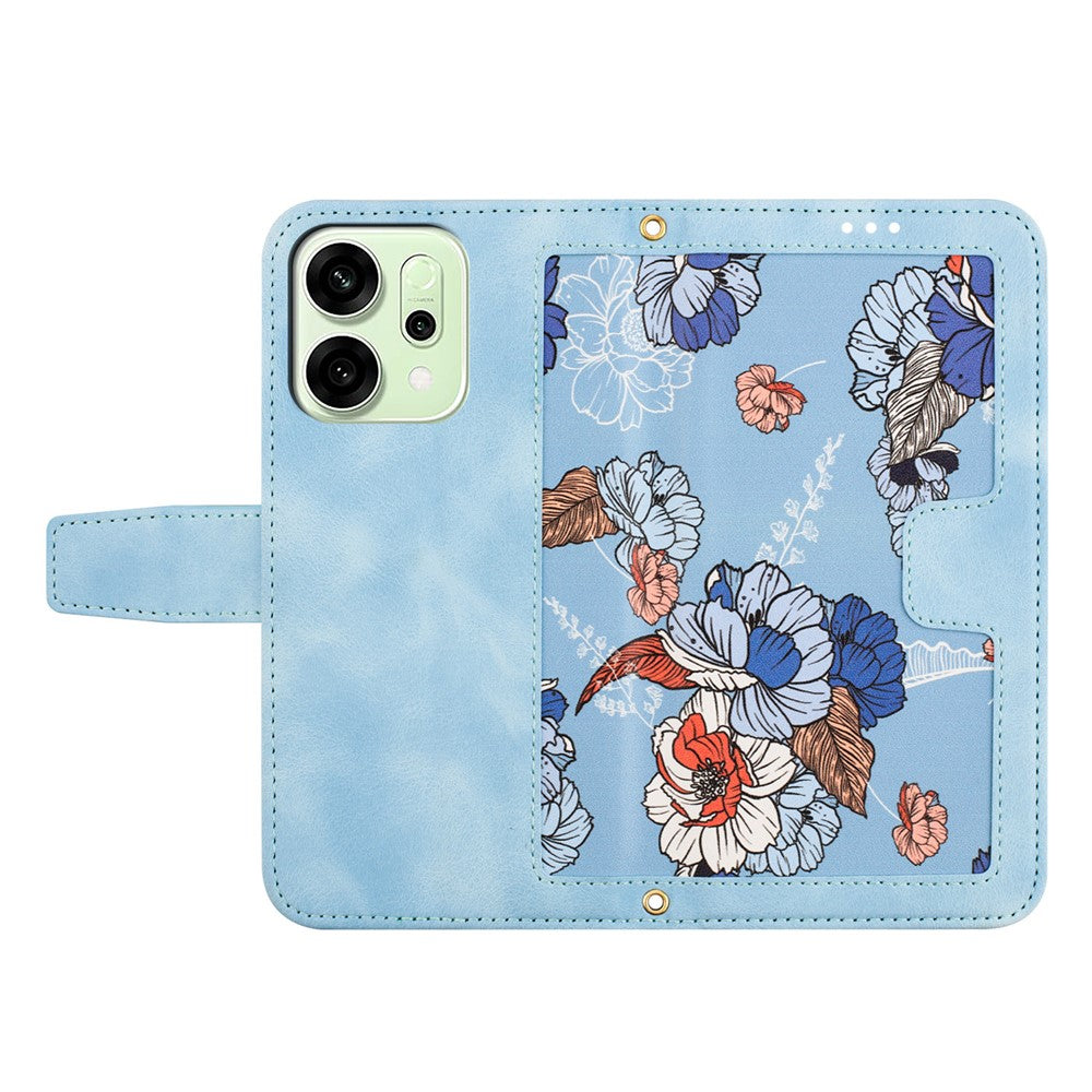 For Oppo Reno14 Pro 5G (Global) / Reno13 Pro 5G Case PU Leather Floral Phone Cover with Card Slots / Wrist Strap - Baby Blue