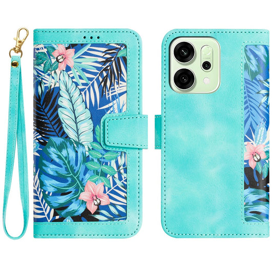 For Oppo Reno14 Pro 5G (Global) / Reno13 Pro 5G Case PU Leather Floral Phone Cover with Card Slots / Wrist Strap - Green