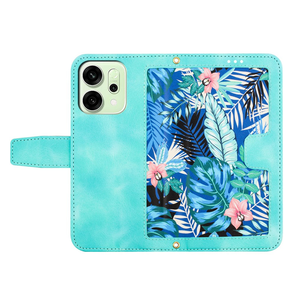 For Oppo Reno14 Pro 5G (Global) / Reno13 Pro 5G Case PU Leather Floral Phone Cover with Card Slots / Wrist Strap - Green