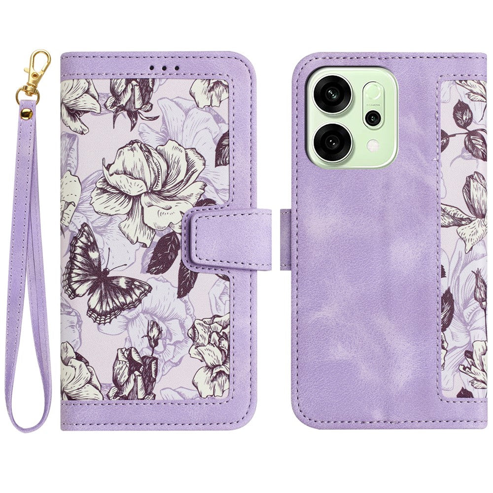For Oppo Reno14 Pro 5G (Global) / Reno13 Pro 5G Case PU Leather Floral Phone Cover with Card Slots / Wrist Strap - Light Purple