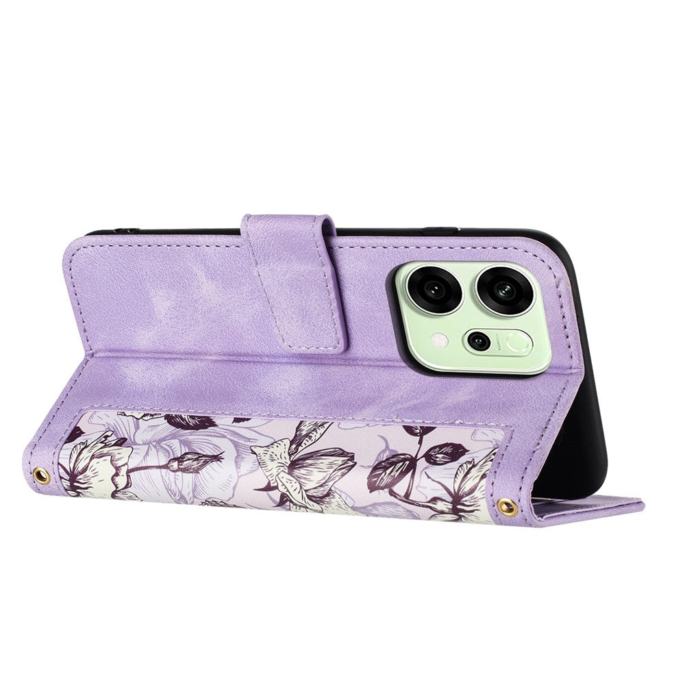 For Oppo Reno14 Pro 5G (Global) / Reno13 Pro 5G Case PU Leather Floral Phone Cover with Card Slots / Wrist Strap - Light Purple