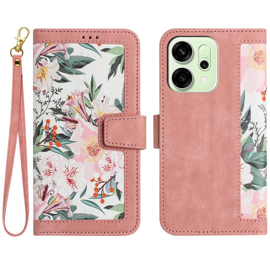 For Oppo Reno14 Pro 5G (Global) / Reno13 Pro 5G Case PU Leather Floral Phone Cover with Card Slots / Wrist Strap - Pink
