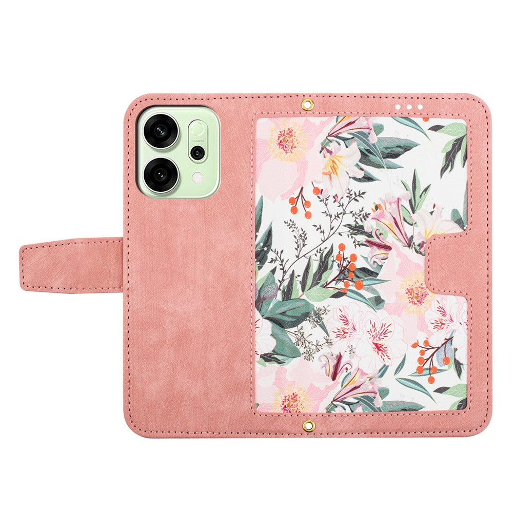 For Oppo Reno14 Pro 5G (Global) / Reno13 Pro 5G Case PU Leather Floral Phone Cover with Card Slots / Wrist Strap - Pink