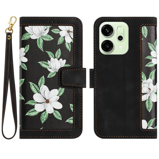 For Oppo Reno14 Pro 5G (Global) / Reno13 Pro 5G Case PU Leather Floral Phone Cover with Card Slots / Wrist Strap - Black