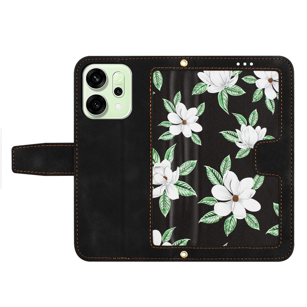 For Oppo Reno14 Pro 5G (Global) / Reno13 Pro 5G Case PU Leather Floral Phone Cover with Card Slots / Wrist Strap - Black
