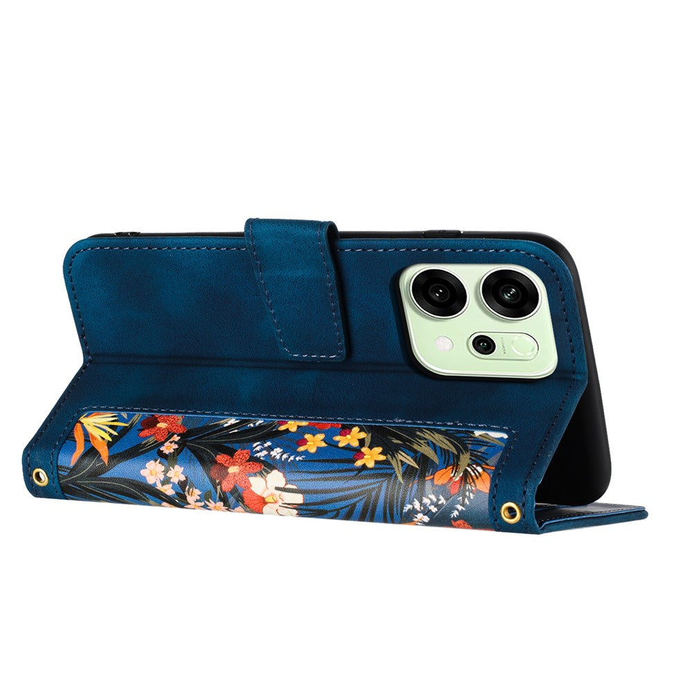 For Oppo Reno14 Pro 5G (Global) / Reno13 Pro 5G Case PU Leather Floral Phone Cover with Card Slots / Wrist Strap - Dark Blue