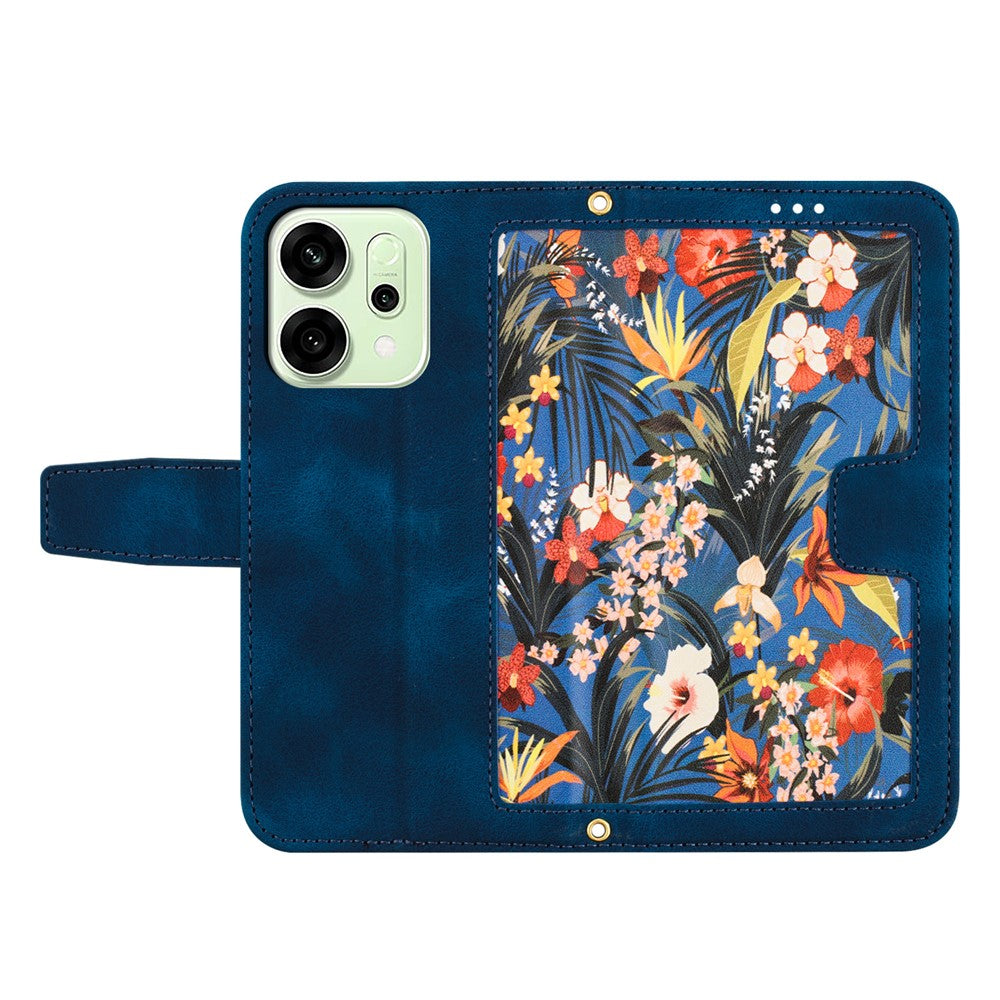 For Oppo Reno14 Pro 5G (Global) / Reno13 Pro 5G Case PU Leather Floral Phone Cover with Card Slots / Wrist Strap - Dark Blue