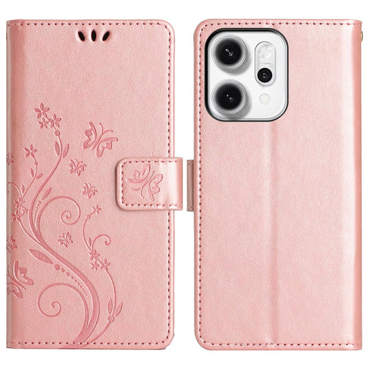 For Oppo Reno14 Pro 5G (Global) / Reno13 Pro 5G Leather Wallet Case Butterfly Flower Imprint Phone Cover with Strap - Rose Gold