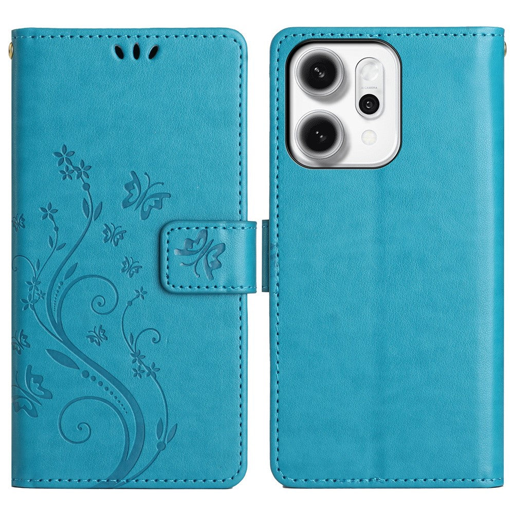 For Oppo Reno14 Pro 5G (Global) / Reno13 Pro 5G Leather Wallet Case Butterfly Flower Imprint Phone Cover with Strap - Blue